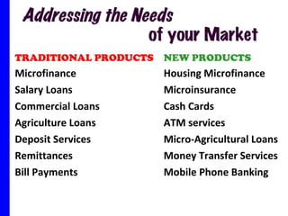 Addressing the Needs    of your Market TRADITIONAL PRODUCTS Microfinance Salary Loans Commercial Loans Agriculture Loans Deposit Services Remittances Bill Payments NEW PRODUCTS  Housing Microfinance Microinsurance Cash Cards ATM services Micro-Agricultural Loans Money Transfer Services Mobile Phone Banking 