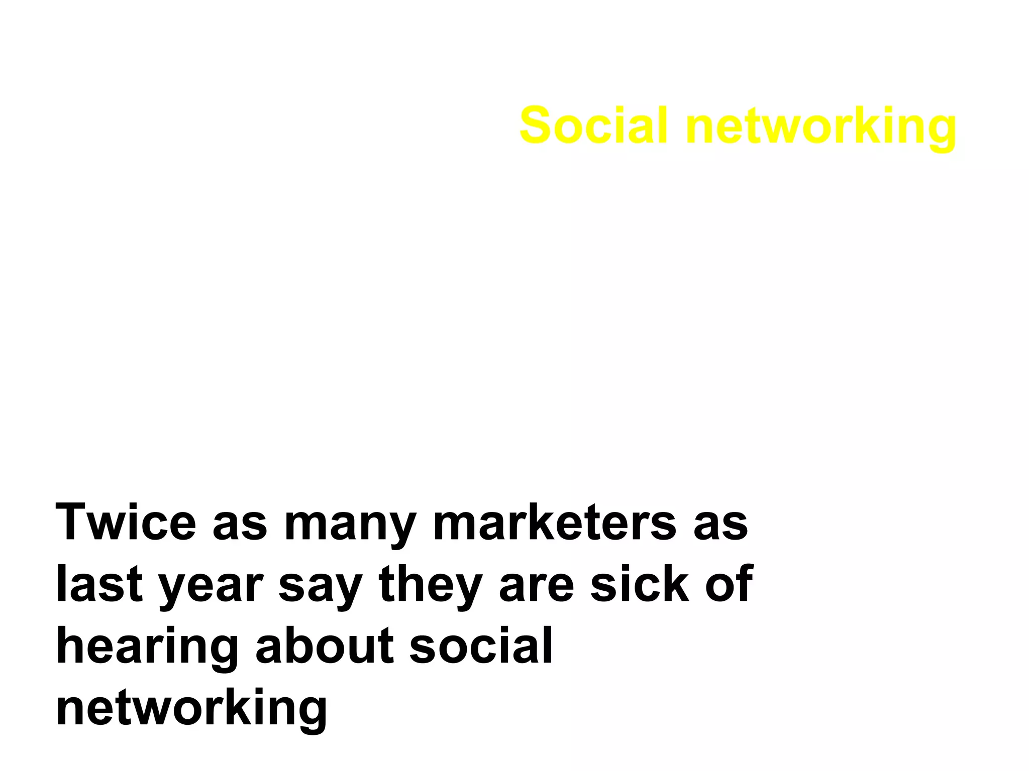 Social networking Twice as many marketers as last year say they are sick of hearing about social networking 
