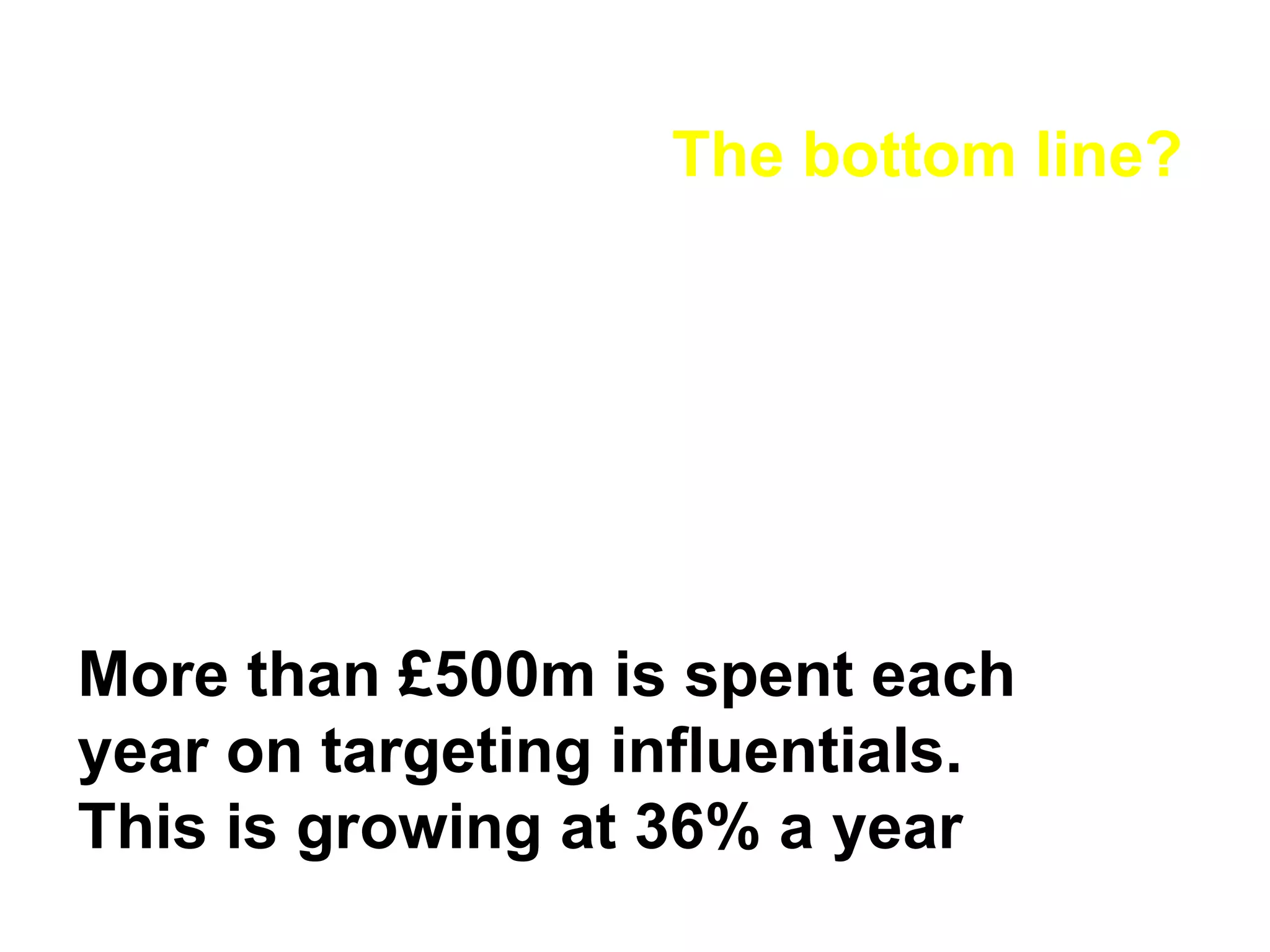 The bottom line? More than £500m is spent each year on targeting influentials.  This is growing at 36% a year   