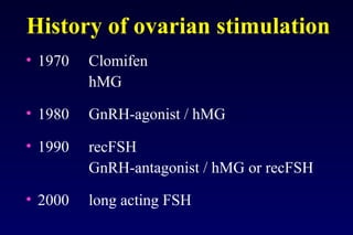 History of ovarian stimulation 
• 1970 Clomifen 
hMG 
• 1980 GnRH-agonist / hMG 
• 1990 recFSH 
GnRH-antagonist / hMG or recFSH 
• 2000 long acting FSH 
 