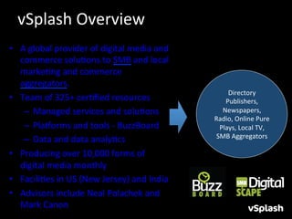vSplash	
  Overview	
  
•  A	
  global	
  provider	
  of	
  digital	
  media	
  and	
  
   commerce	
  soluHons	
  to	
  SMB	
  and	
  local	
  
   markeHng	
  and	
  commerce	
  
   aggregators.	
  
                                                                       Directory	
  
•  Team	
  of	
  325+	
  cerHﬁed	
  resources	
                       Publishers,	
  
    –  Managed	
  services	
  and	
  soluHons	
  	
                  Newspapers,	
  
                                                                  Radio,	
  Online	
  Pure	
  
    –  Plalorms	
  and	
  tools	
  -­‐	
  BuzzBoard	
               Plays,	
  Local	
  TV,	
  
                                                                   SMB	
  Aggregators	
  
    –  Data	
  and	
  data	
  analyHcs	
  
•  Producing	
  over	
  10,000	
  forms	
  of	
  
   digital	
  media	
  monthly	
  	
  
•  FaciliHes	
  in	
  US	
  (New	
  Jersey)	
  and	
  India	
  
•  Advisors	
  include	
  Neal	
  Polachek	
  and	
  
   Mark	
  Canon	
  
 