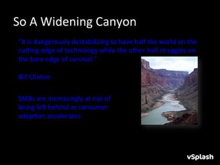 So	
  A	
  Widening	
  Canyon	
  
 "It	
  is	
  dangerously	
  destabilizing	
  to	
  have	
  half	
  the	
  world	
  on	
  the	
  
 cuYng	
  edge	
  of	
  technology	
  while	
  the	
  other	
  half	
  struggles	
  on	
  
 the	
  bare	
  edge	
  of	
  survival.”	
  
 	
  
 Bill	
  Clinton	
  

 SMBs	
  are	
  increasingly	
  at	
  risk	
  of	
  
 being	
  lex	
  behind	
  as	
  consumer	
  
 adopHon	
  accelerates	
  	
  
 
