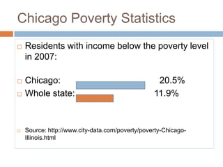 74 locations, ~ 1100 computersChicago Poverty StatisticsResidents with income below the poverty level in 2007: Chicago:                                        20.5%Whole state:                                11.9%Source: http://www.city-data.com/poverty/poverty-Chicago-Illinois.html