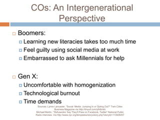 COs: An Intergenerational PerspectiveBoomers: Learning new literacies takes too much timeFeel guilty using social media at workEmbarrassed to ask Millennials for help      Gen X:Uncomfortable with homogenizationTechnological burnoutTime demandsSources: Lynne Lancaster, “Social  Media: Jumping In or Opting Out?” Twin Cities Business Magazine via http://tinyurl.com/yfn6mkbMichael Martin, “’Refuseniks’ Say They’ll Pass on Facebook, Twitter” National Public Radio Interview. Via http://www.npr.org/templates/story/story.php?storyId=113928457
