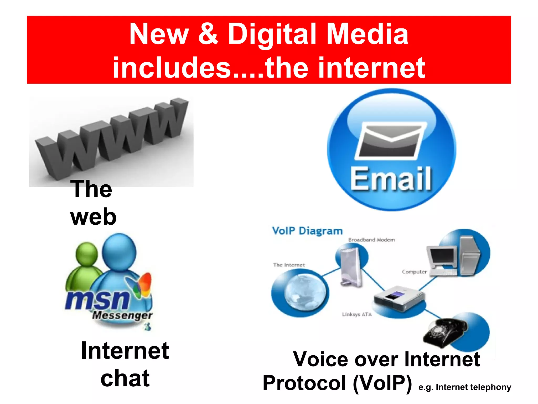 New & Digital Media
includes....the internet

The
web

Internet
chat

Voice over Internet
Protocol (VoIP) e.g. Internet telephony

 