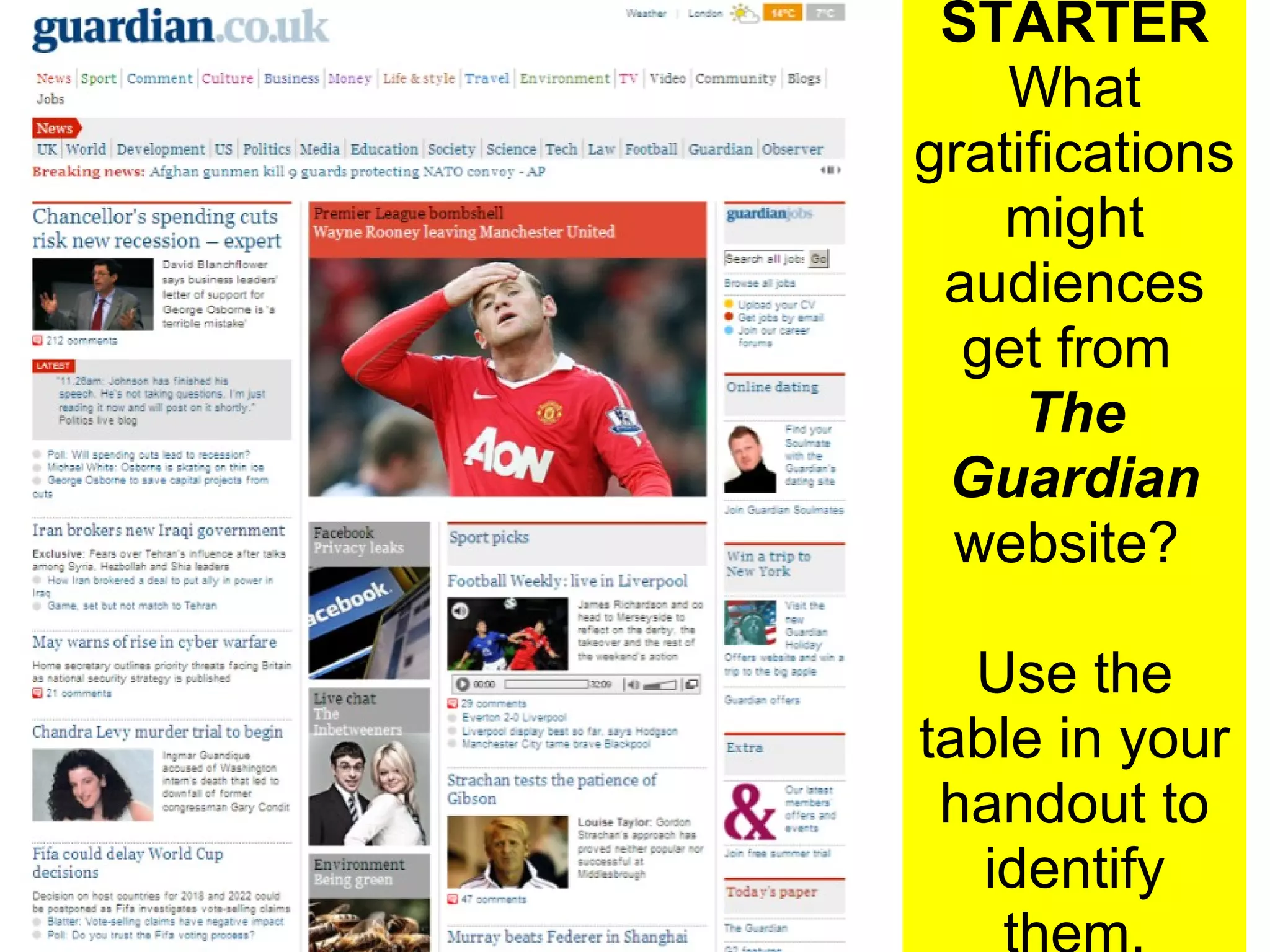 STARTER
What
gratifications
might
audiences
get from
The
Guardian
website?
Use the
table in your
handout to
identify

 