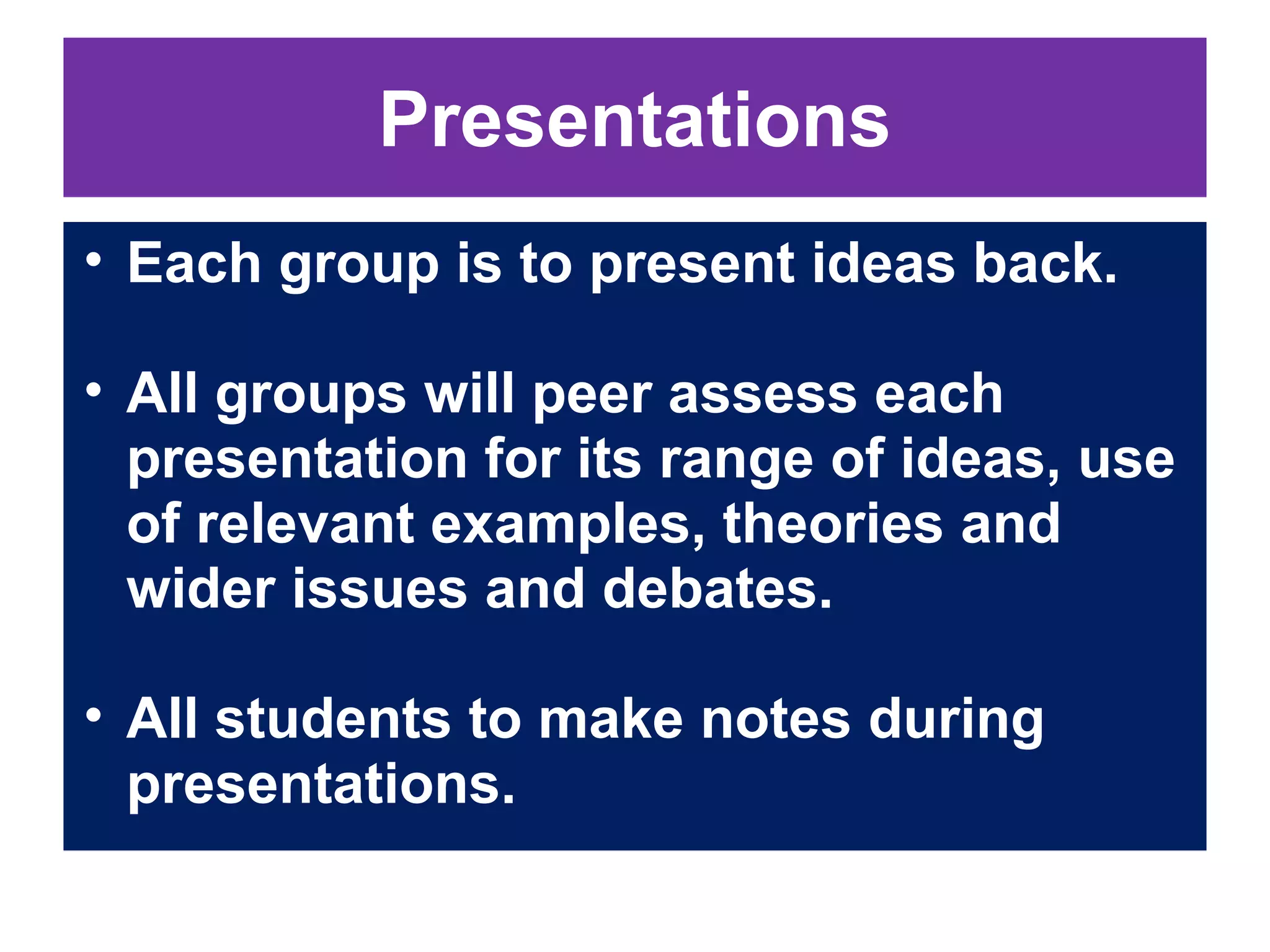 Presentations
• Each group is to present ideas back.
• All groups will peer assess each
presentation for its range of ideas, use
of relevant examples, theories and
wider issues and debates.
• All students to make notes during
presentations.

 
