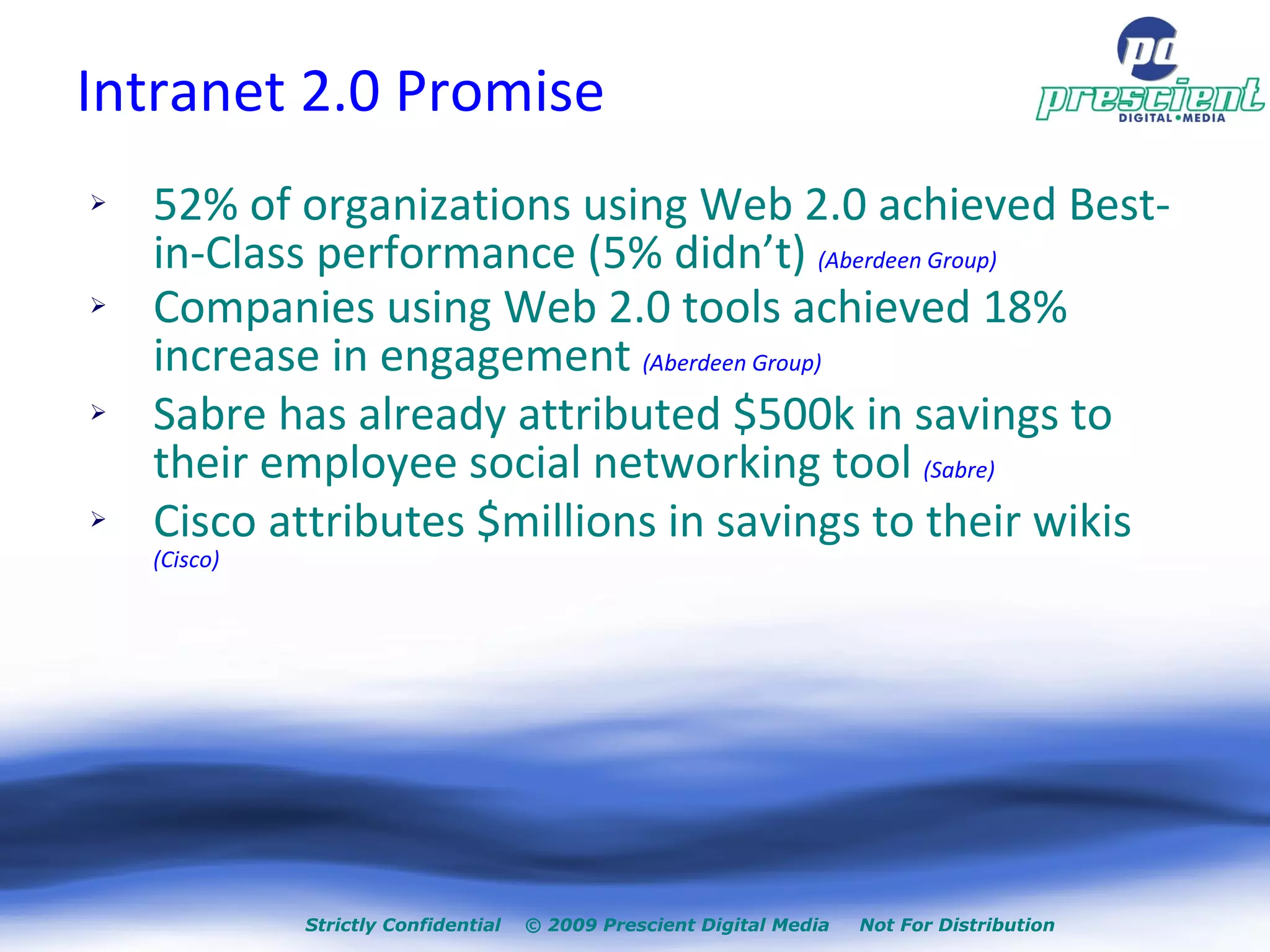 Intranet 2.0 Promise 52% of organizations using Web 2.0 achieved Best-in-Class performance (5% didn’t)   (Aberdeen Group)‏ Companies using Web 2.0 tools achieved 18% increase in engagement  (Aberdeen Group)‏ Sabre has already attributed $500k in savings to their employee social networking tool  (Sabre)‏ Cisco attributes $millions in savings to their wikis  (Cisco)‏ 