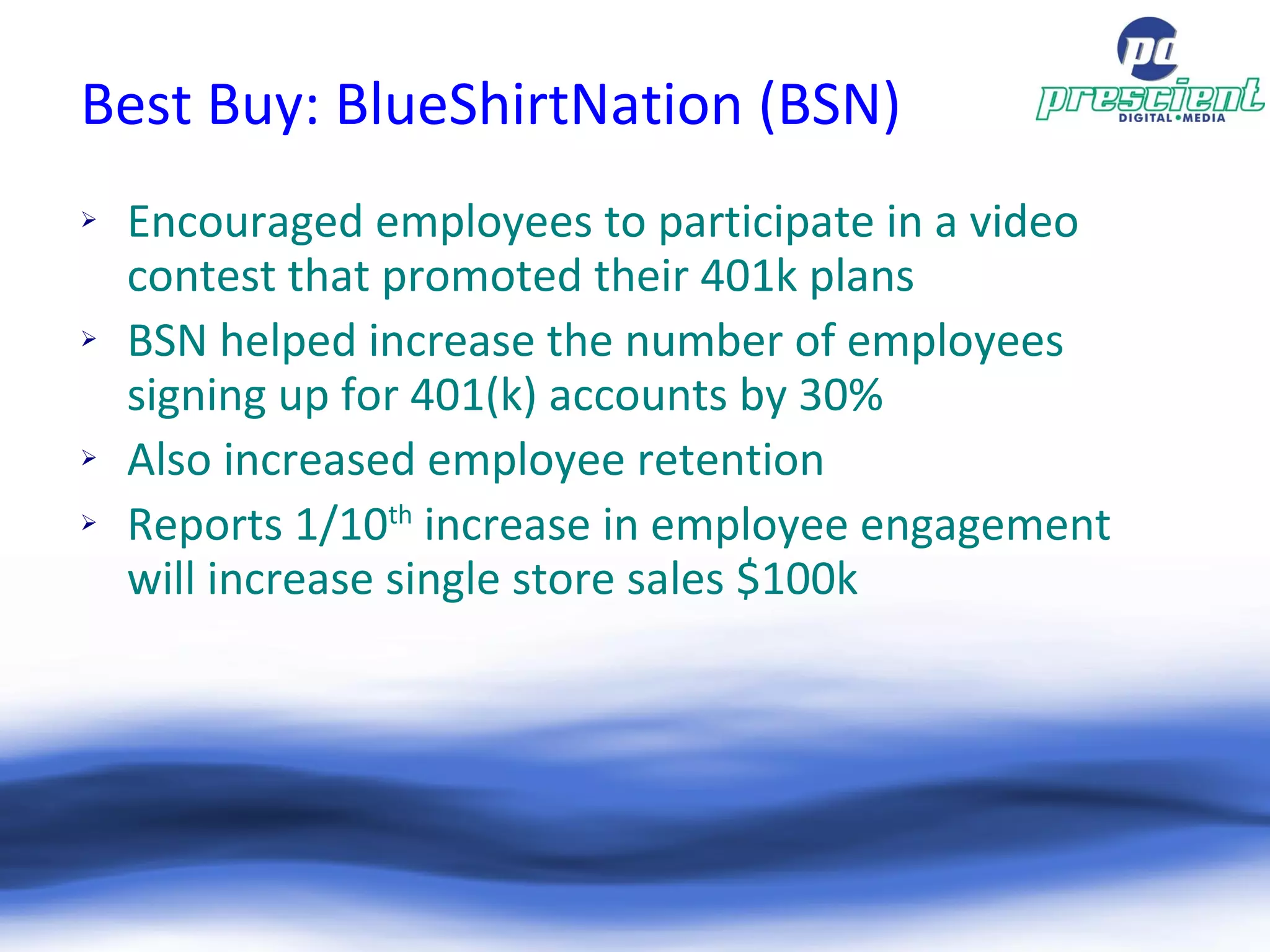 Best Buy: BlueShirtNation (BSN)‏ Encouraged employees to participate in a video contest that promoted their 401k plans BSN helped increase the number of employees signing up for 401(k) accounts by 30% Also increased employee retention Reports 1/10 th  increase in employee engagement will increase single store sales $100k 