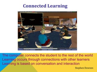 Connected Learning
The computer connects the student to the rest of the world
Learning occurs through connections with other learners
Learning is based on conversation and interaction
Stephen Downes
 