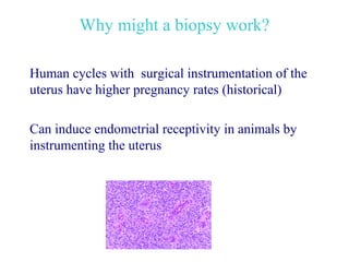 Why might a biopsy work?

Human cycles with surgical instrumentation of the
uterus have higher pregnancy rates (historical)

Can induce endometrial receptivity in animals by
instrumenting the uterus
 