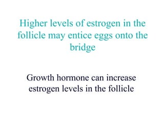 Higher levels of estrogen in the
follicle may entice eggs onto the
             bridge


  Growth hormone can increase
  estrogen levels in the follicle
 