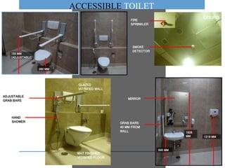 ACCESSIBLE TOILET
720 MM
(ADJUSTABLE)
380 MM
640 MM
1828
MM 1219 MM
MAT FINISHED
VITRIFIED FLOOR
GLAZED
VITRIFIED WALL
ADJUSTABLE
GRAB BARS
HAND
SHOWER
CEILING
SMOKE
DETECTOR
FIRE
SPRINKLER
MIRROR
GRAB BARS
40 MM FROM
WALL
 