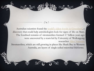 Australian scientists found the world's oldest fossils in Greenland, a
discovery that could help astrobiologists look for signs of life on Mars.
The fossilised remains of stromatolites formed 3.7 billion years ago
were uncovered by a team led by University of Wollongong
researcher Allen Nutman.
Stromatolites, which are still growing in places like Shark Bay in Western
Australia, are layers of single-celled microbial lifeforms.
 