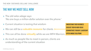 © 2020 Abyss Global Ltd.
THE NEW ‘DISTANCE-SELLING’ CHALLENGE
THE WAY WE MUST SELL NOW
▸ The old sales adage says:
‘No one buys a million-dollar solution over the phone.’
▸ Current situation is testing that wisdom
▸ We can still be a valuable resource for clients
▸ This can all be done virtually while we are WFH Warriors
▸ As much as people like to meet in person, clients are
understanding of the current situation
UNDERSTAND THEIR BUSINESS
EDUCATE THEM IN NEW IDEAS
DEMONSTRATE THOUGHT LEADERSHIP
OFFER UNIQUE SOLUTIONS
 