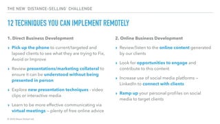 © 2020 Abyss Global Ltd.
THE NEW ‘DISTANCE-SELLING’ CHALLENGE
12 TECHNIQUES YOU CAN IMPLEMENT REMOTELY
1. Direct Business Development
▸ Pick up the phone to current/targeted and
lapsed clients to see what they are trying to Fix,
Avoid or Improve
▸ Review presentations/marketing collateral to
ensure it can be understood without being
presented in person
▸ Explore new presentation techniques - video
clips or interactive media
▸ Learn to be more effective communicating via
virtual meetings — plenty of free online advice
2. Online Business Development
▸ Review/listen to the online content generated
by our clients
▸ Look for opportunities to engage and
contribute to this content
▸ Increase use of social media platforms —
LinkedIn to connect with clients
▸ Ramp up your personal proﬁles on social
media to target clients
 