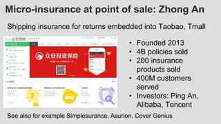 Micro-insurance at point of sale: Zhong An
• Founded 2013
• 4B policies sold
• 200 insurance
products sold
• 400M customer...