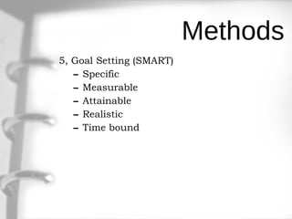 Methods 5, Goal Setting (SMART) Specific Measurable Attainable Realistic Time bound 