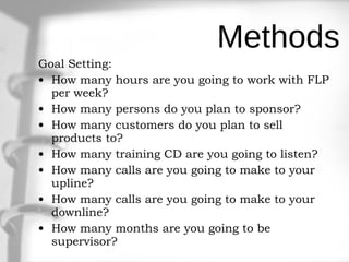 Methods Goal Setting: How many hours are you going to work with FLP per week? How many persons do you plan to sponsor? How many customers do you plan to sell products to? How many training CD are you going to listen? How many calls are you going to make to your upline? How many calls are you going to make to your downline? How many months are you going to be supervisor? 