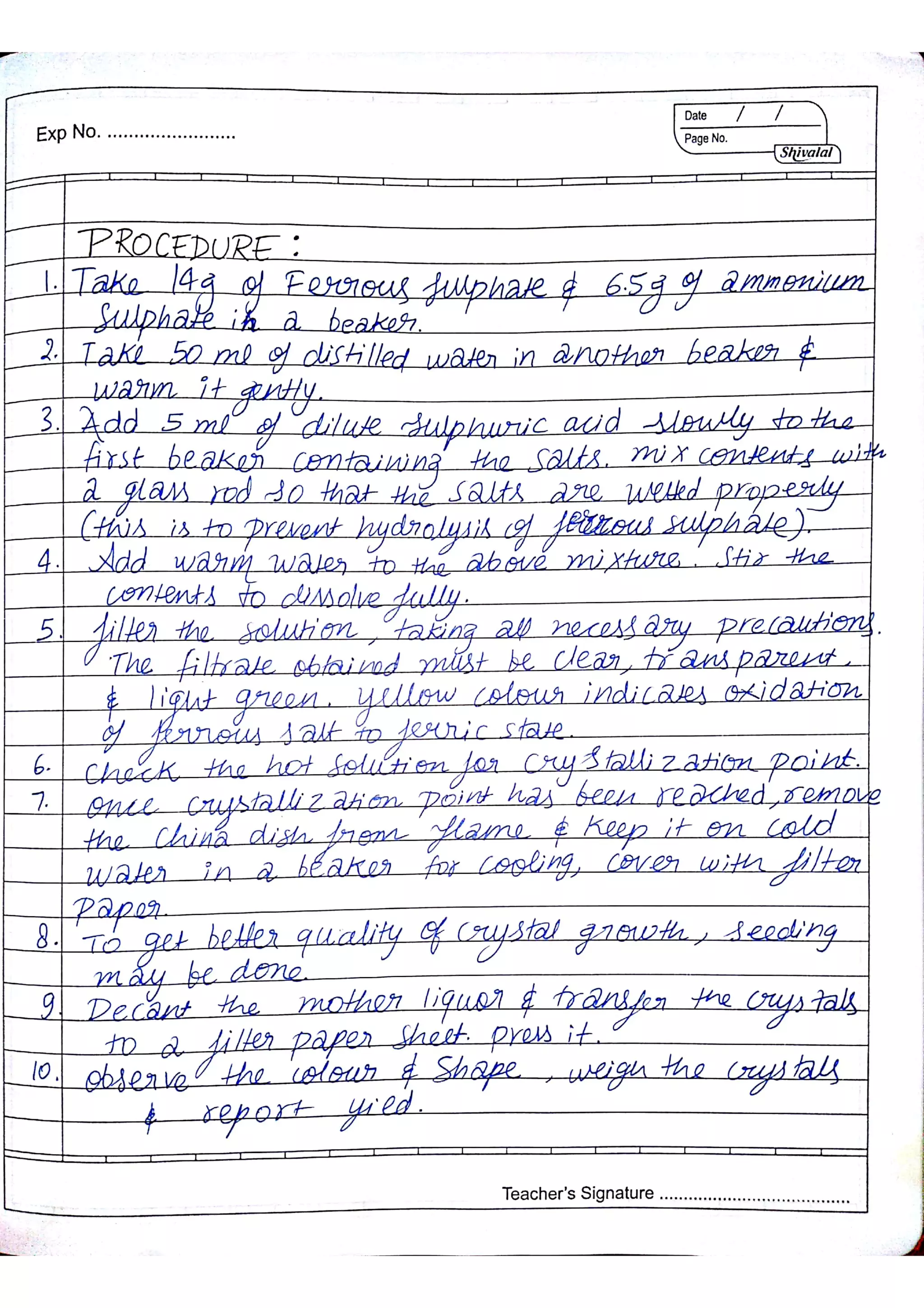 Chemistry Practical Record Class 12th