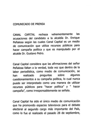 Comunicado. Canal Capital rechaza acusaciones de candidato Enrique Peñalosa