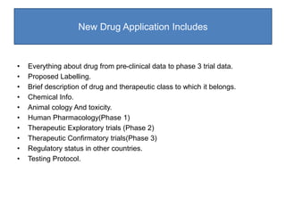 New Drug Application Includes
• Everything about drug from pre-clinical data to phase 3 trial data.
• Proposed Labelling.
• Brief description of drug and therapeutic class to which it belongs.
• Chemical Info.
• Animal cology And toxicity.
• Human Pharmacology(Phase 1)
• Therapeutic Exploratory trials (Phase 2)
• Therapeutic Confirmatory trials(Phase 3)
• Regulatory status in other countries.
• Testing Protocol.
 