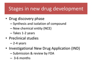 Stages in new drug development
• Drug discovery phase
– Synthesis and isolation of compound
– New chemical entity (NCE)
– Takes 1-2 years
• Preclinical studies
– 2-4 years
• Investigational New Drug Application (IND)
– Submission & review by FDA
– 3-6 months
 