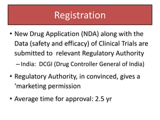Registration
• New Drug Application (NDA) along with the
Data (safety and efficacy) of Clinical Trials are
submitted to relevant Regulatory Authority
– India: DCGI (Drug Controller General of India)
• Regulatory Authority, in convinced, gives a
‘marketing permission
• Average time for approval: 2.5 yr
 
