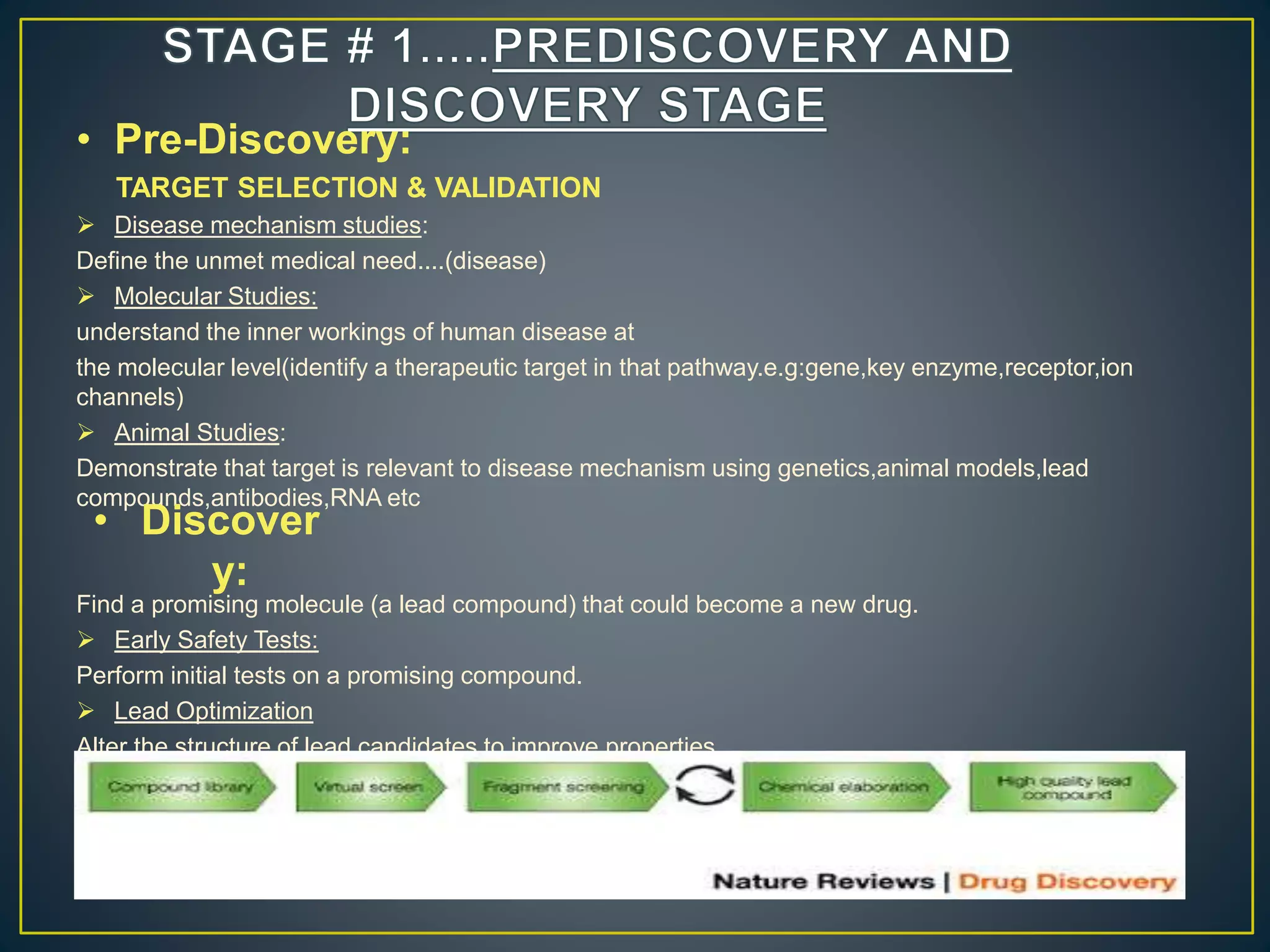 • Pre-Discovery:
TARGET SELECTION & VALIDATION
 Disease mechanism studies:
Define the unmet medical need....(disease)
 Molecular Studies:
understand the inner workings of human disease at
the molecular level(identify a therapeutic target in that pathway.e.g:gene,key enzyme,receptor,ion
channels)
 Animal Studies:
Demonstrate that target is relevant to disease mechanism using genetics,animal models,lead
compounds,antibodies,RNA etc
Find a promising molecule (a lead compound) that could become a new drug.
 Early Safety Tests:
Perform initial tests on a promising compound.
 Lead Optimization
Alter the structure of lead candidates to improve properties.
• Discover
y:
 