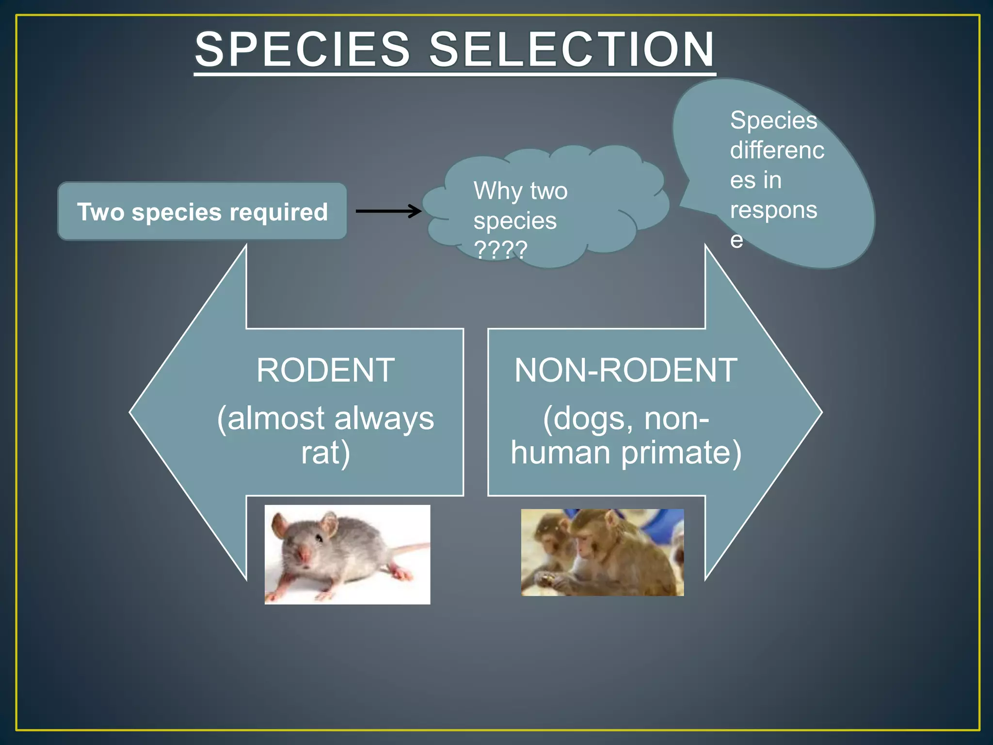 RODENT
(almost always
rat)
NON-RODENT
(dogs, non-
human primate)
Two species required
Why two
species
????
Species
differenc
es in
respons
e
 