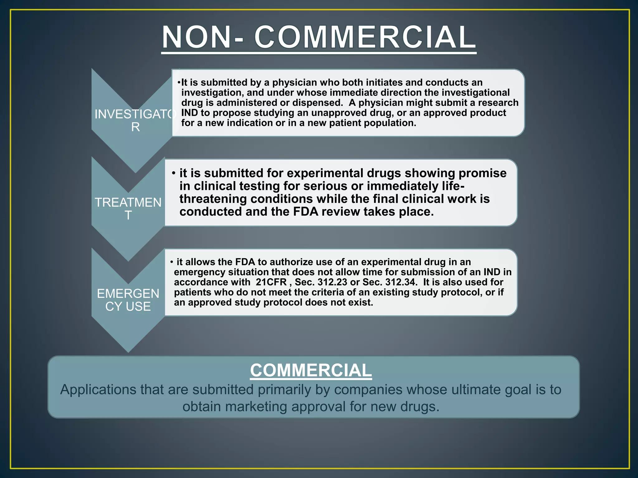 INVESTIGATO
R
•It is submitted by a physician who both initiates and conducts an
investigation, and under whose immediate direction the investigational
drug is administered or dispensed. A physician might submit a research
IND to propose studying an unapproved drug, or an approved product
for a new indication or in a new patient population.
TREATMEN
T
• it is submitted for experimental drugs showing promise
in clinical testing for serious or immediately life-
threatening conditions while the final clinical work is
conducted and the FDA review takes place.
EMERGEN
CY USE
• it allows the FDA to authorize use of an experimental drug in an
emergency situation that does not allow time for submission of an IND in
accordance with 21CFR , Sec. 312.23 or Sec. 312.34. It is also used for
patients who do not meet the criteria of an existing study protocol, or if
an approved study protocol does not exist.
COMMERCIAL
Applications that are submitted primarily by companies whose ultimate goal is to
obtain marketing approval for new drugs.
 