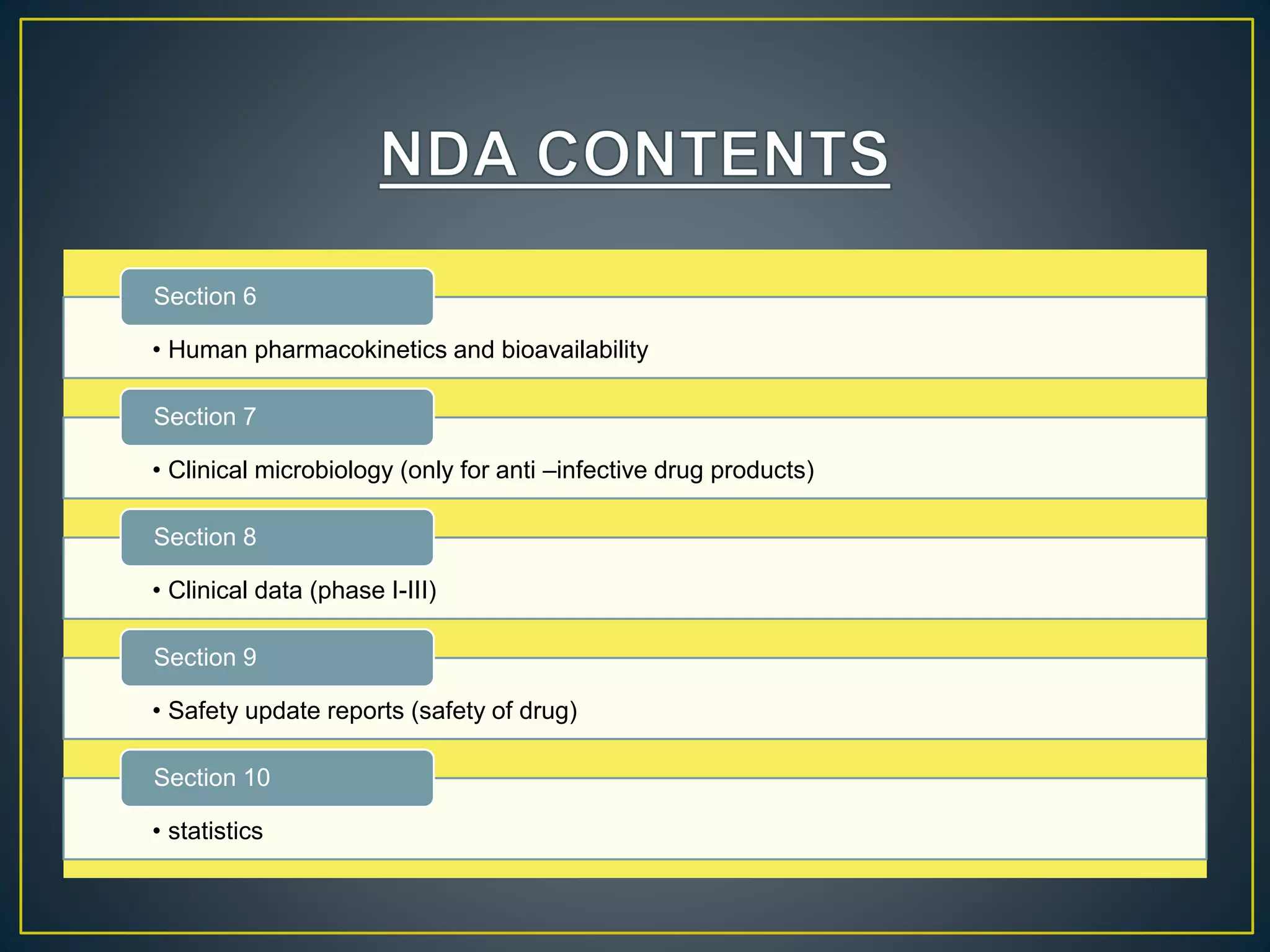 • Human pharmacokinetics and bioavailability
Section 6
• Clinical microbiology (only for anti –infective drug products)
Section 7
• Clinical data (phase I-III)
Section 8
• Safety update reports (safety of drug)
Section 9
• statistics
Section 10
 