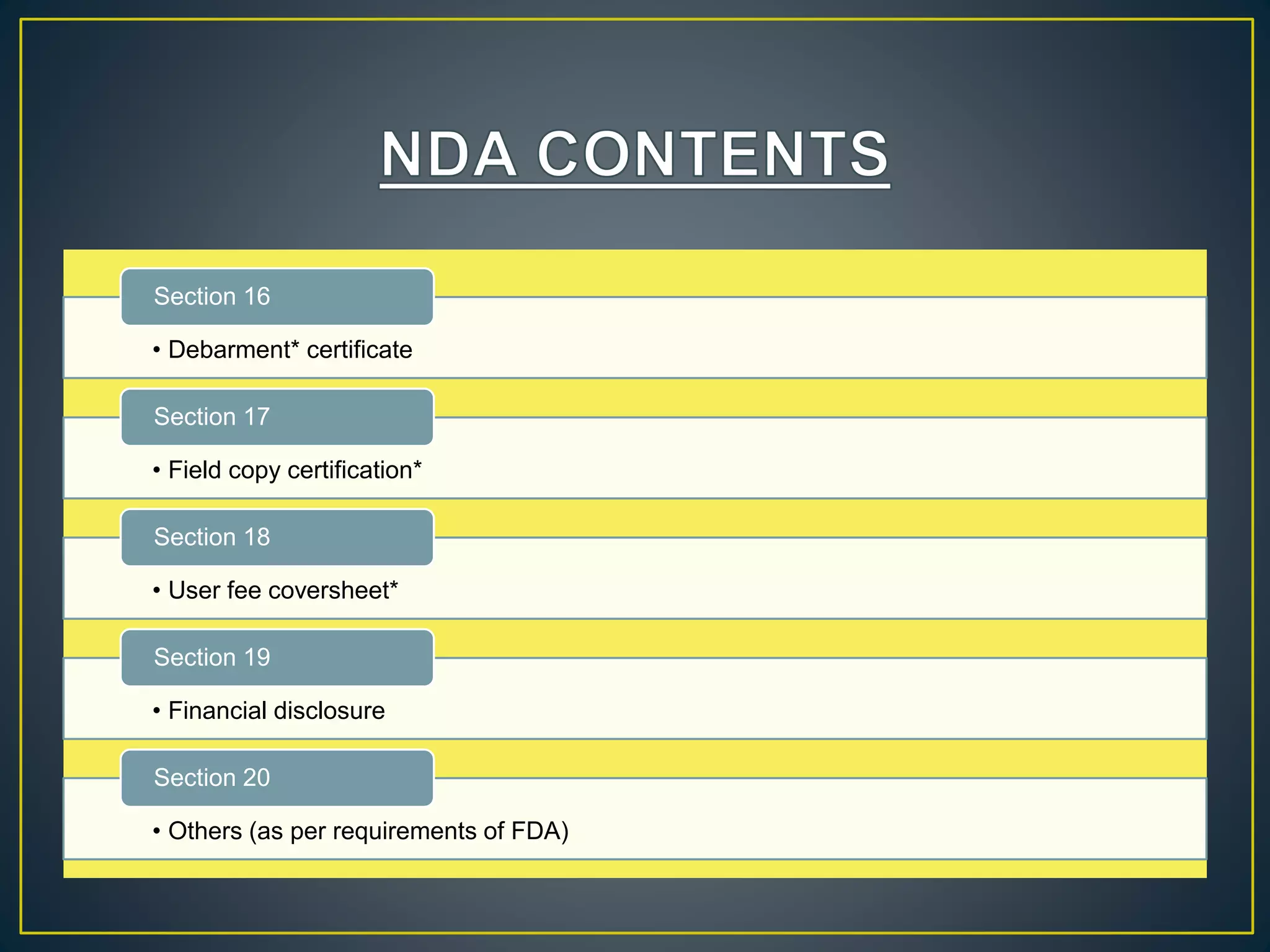 • Debarment* certificate
Section 16
• Field copy certification*
Section 17
• User fee coversheet*
Section 18
• Financial disclosure
Section 19
• Others (as per requirements of FDA)
Section 20
 