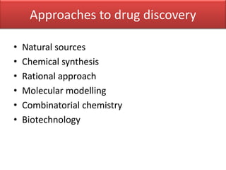 Approaches to drug discovery

•   Natural sources
•   Chemical synthesis
•   Rational approach
•   Molecular modelling
•   Combinatorial chemistry
•   Biotechnology
 