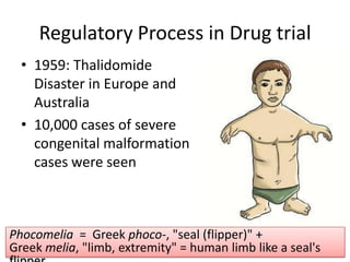 Regulatory Process in Drug trial
  • 1959: Thalidomide
    Disaster in Europe and
    Australia
  • 10,000 cases of severe
    congenital malformation
    cases were seen



Phocomelia = Greek phoco-, "seal (flipper)" +
Greek melia, "limb, extremity" = human limb like a seal's
 