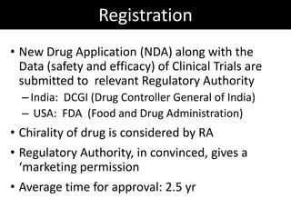 Registration
• New Drug Application (NDA) along with the
  Data (safety and efficacy) of Clinical Trials are
  submitted to relevant Regulatory Authority
  – India: DCGI (Drug Controller General of India)
  – USA: FDA (Food and Drug Administration)
• Chirality of drug is considered by RA
• Regulatory Authority, in convinced, gives a
  ‘marketing permission
• Average time for approval: 2.5 yr
 