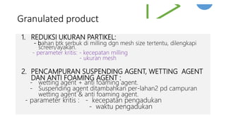 Granulated product
1. REDUKSI UKURAN PARTIKEL:
- bahan btk serbuk di milling dgn mesh size tertentu, dilengkapi
screen/ayakan.
- perameter kritis: - kecepatan milling
- ukuran mesh
2. PENCAMPURAN SUSPENDING AGENT, WETTING AGENT
DAN ANTI FOAMING AGENT :
- wetting agent + anti foaming agent.
- Suspending agent ditambahkan per-lahan2 pd campuran
wetting agent & anti foaming agent.
- parameter kritis : - kecepatan pengadukan
- waktu pengadukan
 