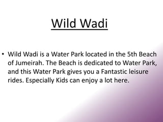 Wild Wadi
• Wild Wadi is a Water Park located in the 5th Beach
of Jumeirah. The Beach is dedicated to Water Park,
and this Water Park gives you a Fantastic leisure
rides. Especially Kids can enjoy a lot here.
 