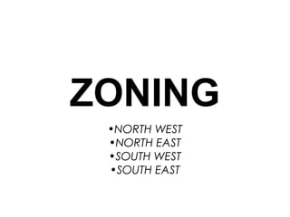 ZONING
•NORTH WEST
•NORTH EAST
•SOUTH WEST
•SOUTH EAST
 
