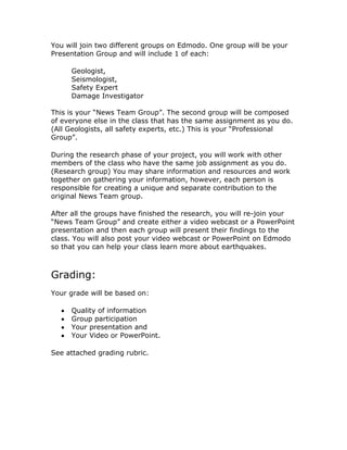 You will join two different groups on Edmodo. One group will be your
Presentation Group and will include 1 of each:

     Geologist,
     Seismologist,
     Safety Expert
     Damage Investigator

This is your “News Team Group”. The second group will be composed
of everyone else in the class that has the same assignment as you do.
(All Geologists, all safety experts, etc.) This is your “Professional
Group”.

During the research phase of your project, you will work with other
members of the class who have the same job assignment as you do.
(Research group) You may share information and resources and work
together on gathering your information, however, each person is
responsible for creating a unique and separate contribution to the
original News Team group.

After all the groups have finished the research, you will re-join your
“News Team Group” and create either a video webcast or a PowerPoint
presentation and then each group will present their findings to the
class. You will also post your video webcast or PowerPoint on Edmodo
so that you can help your class learn more about earthquakes.



Grading:
Your grade will be based on:

     Quality of information
     Group participation
     Your presentation and
     Your Video or PowerPoint.

See attached grading rubric.
 