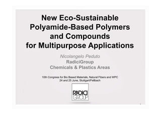 New Eco-Sustainable
Polyamide-Based Polymers
and Compounds
for Multipurpose Applications
Nicolangelo Peduto
RadiciGroup
Chemicals & Plastics Areas
10th Congress for Bio Based Materials, Natural Fibers and WPC
24 and 25 June, Stuttgart/Fellbach
1
 