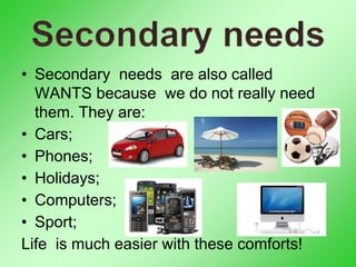 • Secondary needs are also called
WANTS because we do not really need
them. They are:
• Cars;
• Phones;
• Holidays;
• Computers;
• Sport;
Life is much easier with these comforts!
 