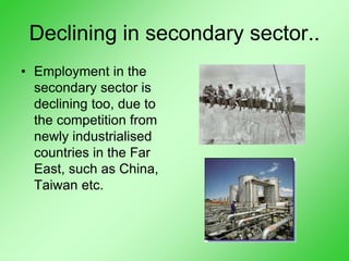 Declining in secondary sector..
• Employment in the
secondary sector is
declining too, due to
the competition from
newly industrialised
countries in the Far
East, such as China,
Taiwan etc.
 