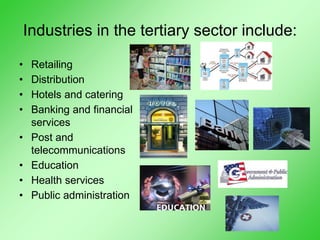 Industries in the tertiary sector include:
• Retailing
• Distribution
• Hotels and catering
• Banking and financial
services
• Post and
telecommunications
• Education
• Health services
• Public administration
 