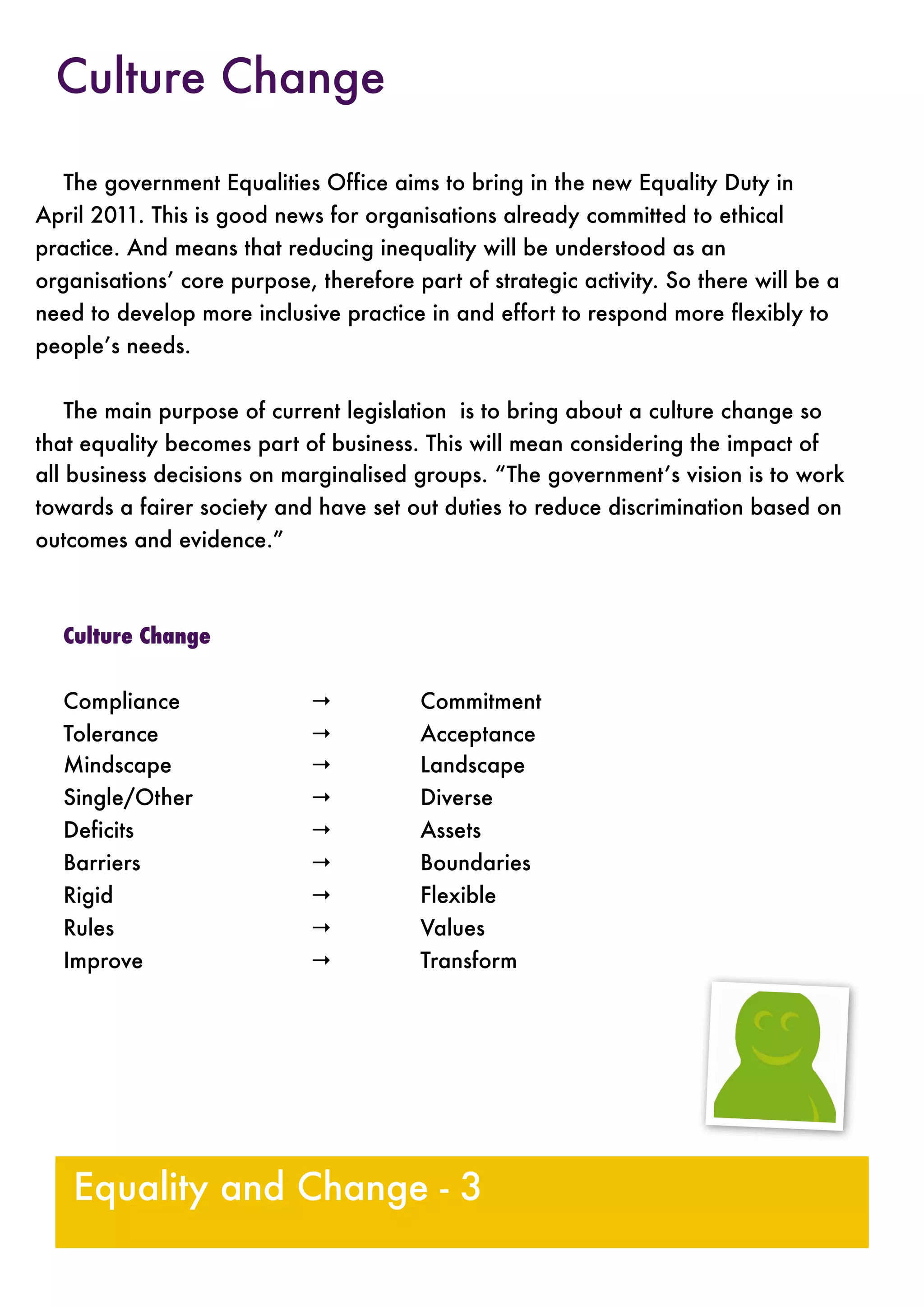 The government Equalities Office aims to bring in the new Equality Duty in
April 2011. This is good news for organisations already committed to ethical
practice. And means that reducing inequality will be understood as an
organisations’ core purpose, therefore part of strategic activity. So there will be a
need to develop more inclusive practice in and effort to respond more flexibly to
people’s needs.
The main purpose of current legislation is to bring about a culture change so
that equality becomes part of business. This will mean considering the impact of
all business decisions on marginalised groups. “The government’s vision is to work
towards a fairer society and have set out duties to reduce discrimination based on
outcomes and evidence.”
Culture Change
Compliance
 
 
 →
 
 Commitment
Tolerance 
 
 
 →
 
 Acceptance
Mindscape
 
 
 →
 
 Landscape
Single/Other
 
 
 →
 
 Diverse
Deficits
 
 
 
 →
 
 Assets
Barriers
 
 
 
 →
 
 Boundaries
Rigid
 
 
 
 →
 
 Flexible
Rules
 
 
 
 →
 
 Values
Improve

 
 
 →
 
 Transform
Equality and Change - 3
Culture Change
 