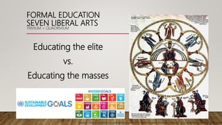 FORMAL EDUCATION
SEVEN LIBERAL ARTS
TRIVIUM + QUADRIVIUM
Educating the elite
vs.
Educating the masses
Source : https://commons.wikimedia.org/wiki/File:Septem-artes-liberales_Herrad-von-Landsberg_Hortus-deliciarum
 