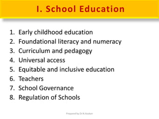 I. School Education
1. Early childhood education
2. Foundational literacy and numeracy
3. Curriculum and pedagogy
4. Universal access
5. Equitable and inclusive education
6. Teachers
7. School Governance
8. Regulation of Schools
Prepared by Dr.N.Asokan
 