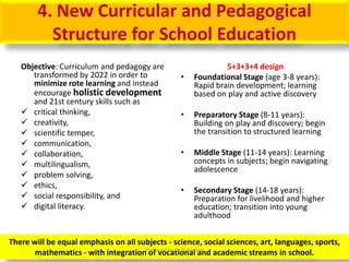 4. New Curricular and Pedagogical
Structure for School Education
Objective: Curriculum and pedagogy are
transformed by 2022 in order to
minimize rote learning and instead
encourage holistic development
and 21st century skills such as
 critical thinking,
 creativity,
 scientific temper,
 communication,
 collaboration,
 multilingualism,
 problem solving,
 ethics,
 social responsibility, and
 digital literacy.
5+3+3+4 design
• Foundational Stage (age 3-8 years):
Rapid brain development; learning
based on play and active discovery
• Preparatory Stage (8-11 years):
Building on play and discovery; begin
the transition to structured learning
• Middle Stage (11-14 years): Learning
concepts in subjects; begin navigating
adolescence
• Secondary Stage (14-18 years):
Preparation for livelihood and higher
education; transition into young
adulthood
There will be equal emphasis on all subjects - science, social sciences, art, languages, sports,
mathematics - with integration of vocational and academic streams in school.Prepared by Dr.N.Asokan
 