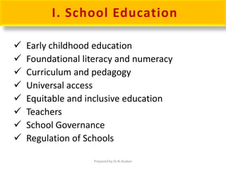 I. School Education
 Early childhood education
 Foundational literacy and numeracy
 Curriculum and pedagogy
 Universal access
 Equitable and inclusive education
 Teachers
 School Governance
 Regulation of Schools
Prepared by Dr.N.Asokan
 