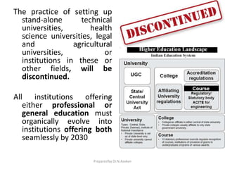 The practice of setting up
stand-alone technical
universities, health
science universities, legal
and agricultural
universities, or
institutions in these or
other fields, will be
discontinued.
All institutions offering
either professional or
general education must
organically evolve into
institutions offering both
seamlessly by 2030
Prepared by Dr.N.Asokan
 